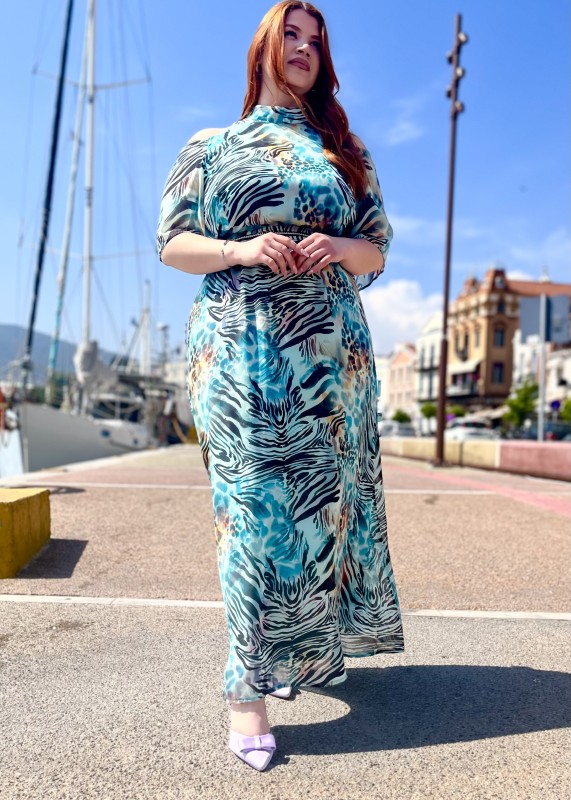 Αμπιγιέ Φόρεμα Σε Γαλαζοπράσινες Αποχρώσεις Και Άνοιγμα Στους Ώμους