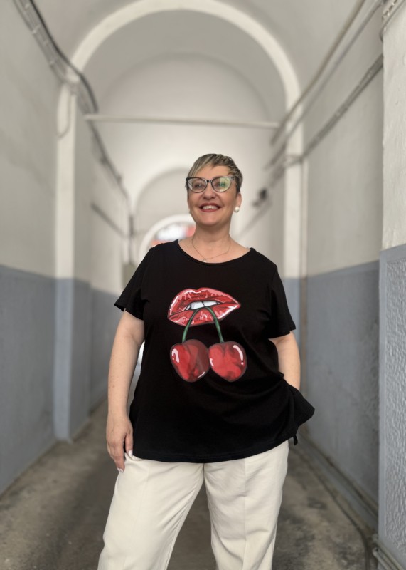 T Shirt Βαμβακερό Με Στάμπα Χείλη Με Κερασάκια