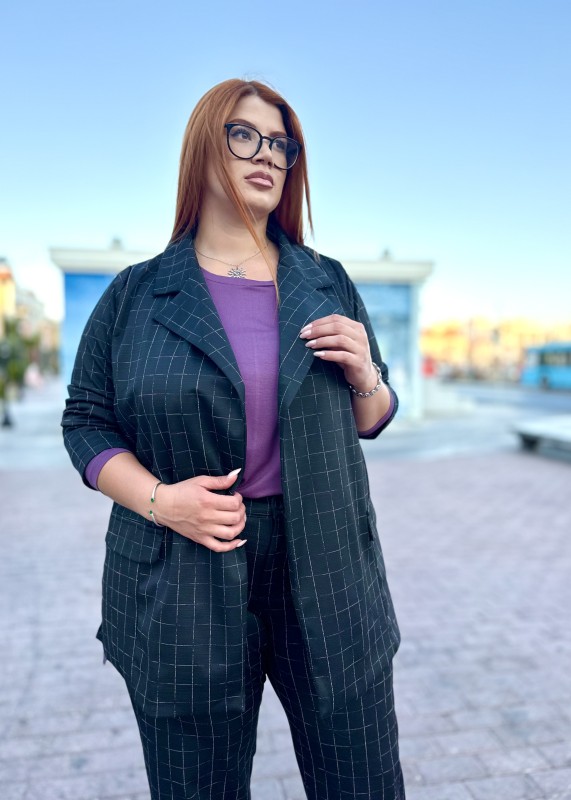 Blazer  Με Διακριτικό Καρό Και Σατινέ Υφασμα(Σετ)