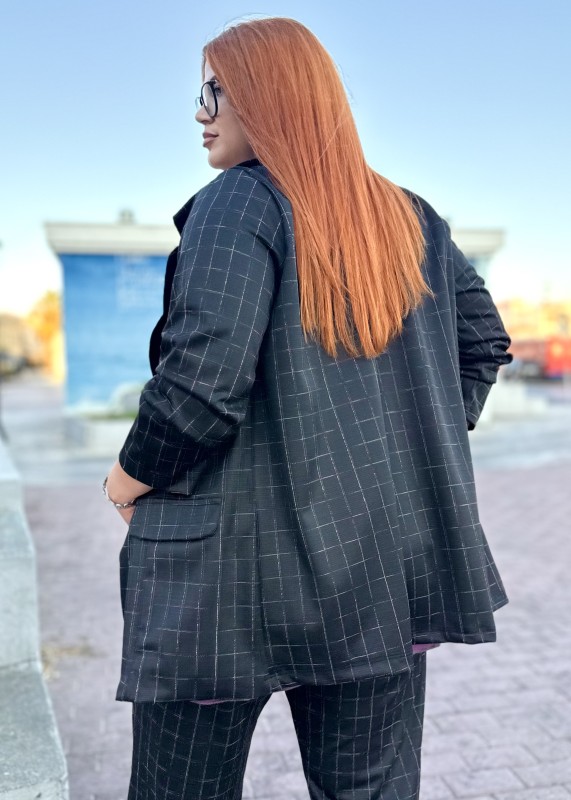 Blazer  Με Διακριτικό Καρό Και Σατινέ Υφασμα(Σετ)