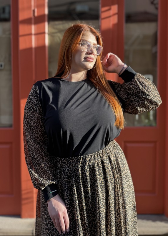 Μπλούζα Ελαστική Με Μουσελίνα Λεοπάρ Μανίκι