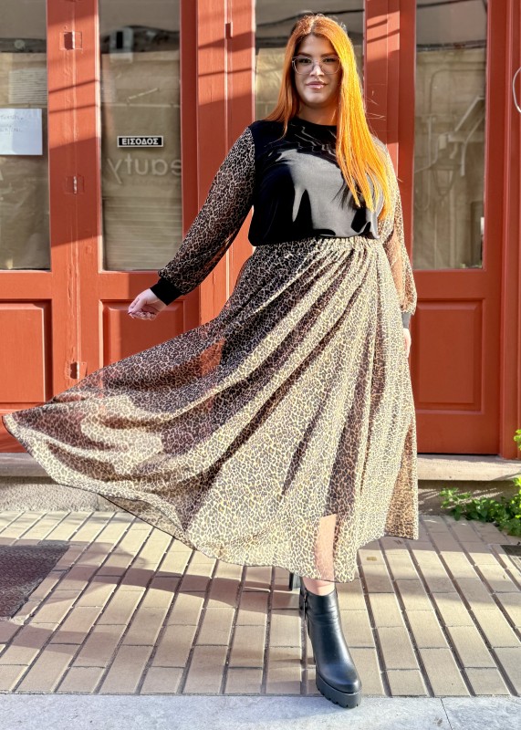 Μπλούζα Ελαστική Με Μουσελίνα Λεοπάρ Μανίκι